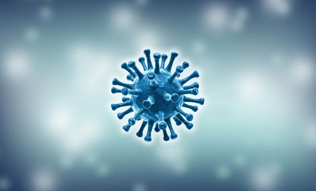 Corona virus illustration. Blue virus on blurry background.