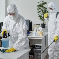 Contemporary disinfection service company staff in protective workwear