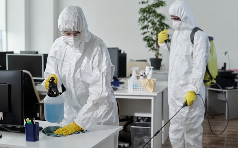 Contemporary disinfection service company staff in protective workwear